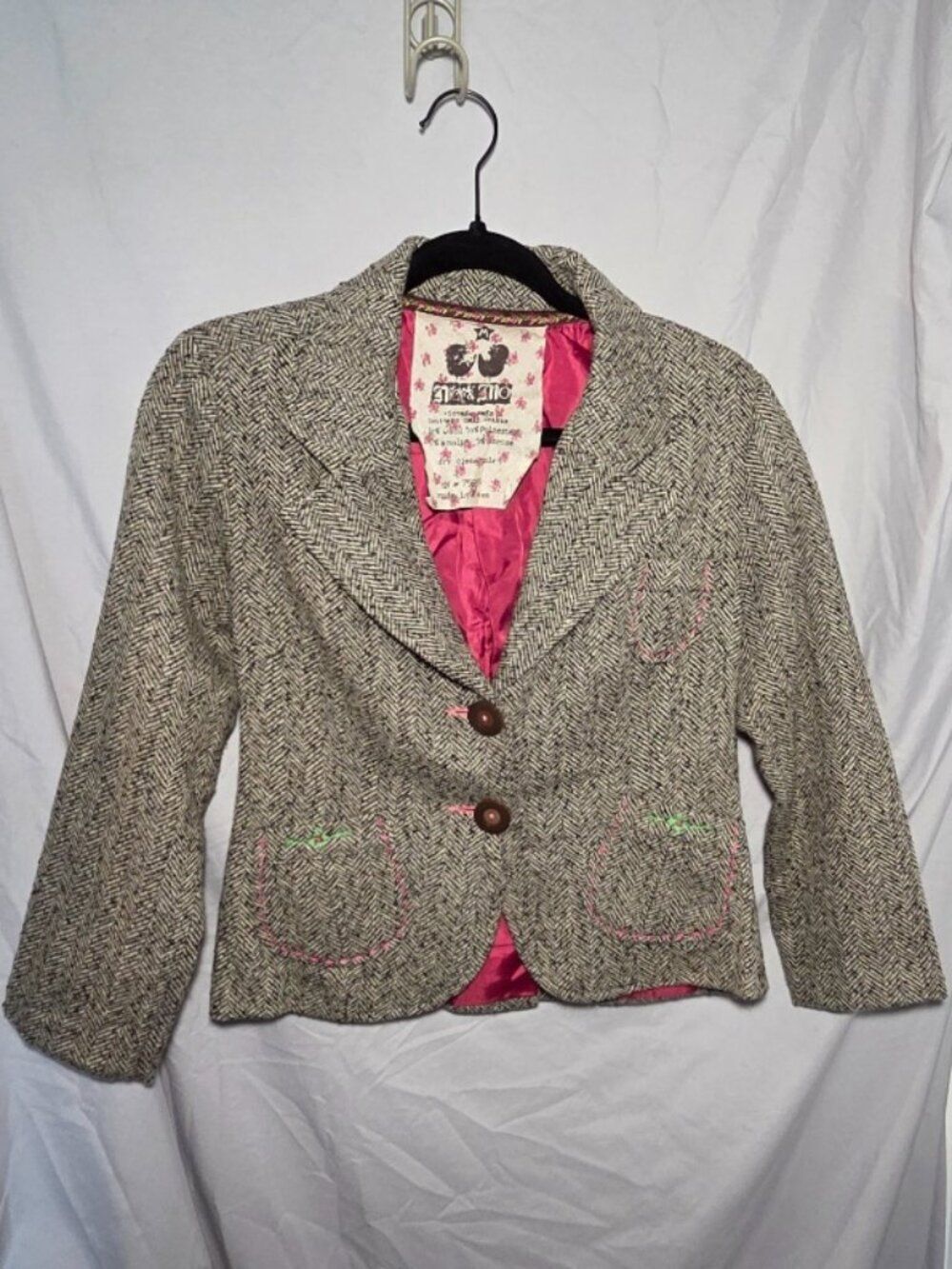 Nick & Mo Grey Herringbone Wool Blend Blazer Pink Contrast‎ Stitching Size M